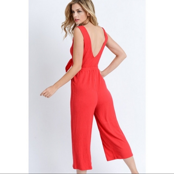 Red Tie-Front Jumpsuit - Picture 2 of 10